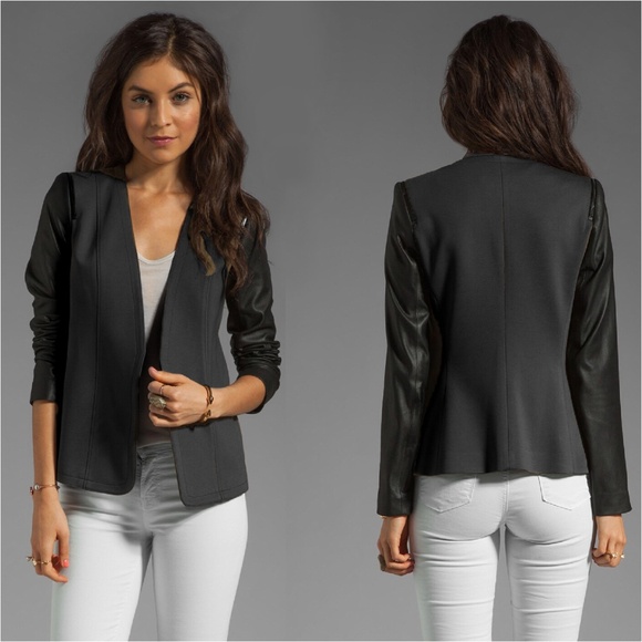 THEORY YAISA PRYOR Leather Sleeve Zip Shoulder Jacket Blazer Black Size P/TP - Picture 1 of 12